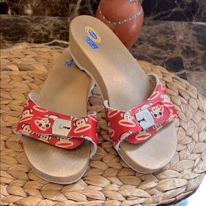 Vtg-Paul Frank x Dr. Scholl’s- Monkey Print Wooden Clog Sandals-Sz 8